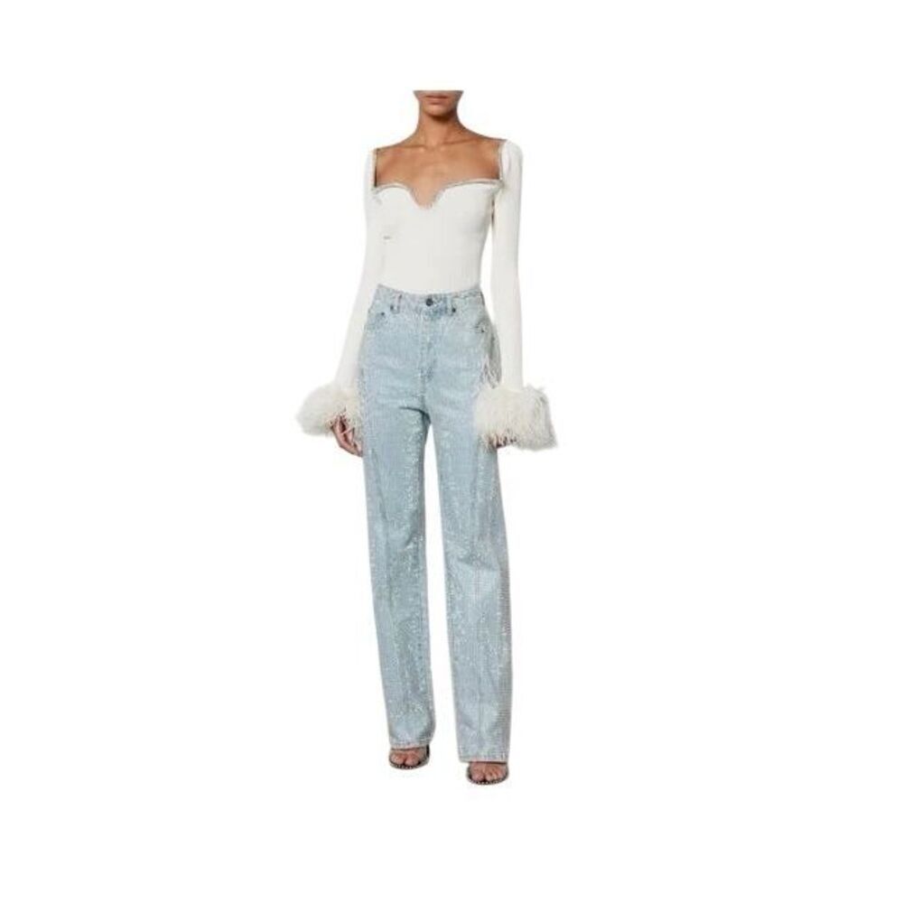 NWT Self-Portrait Blue Rhinestone Embellished High-Waisted Denim Jeans W27 L32
